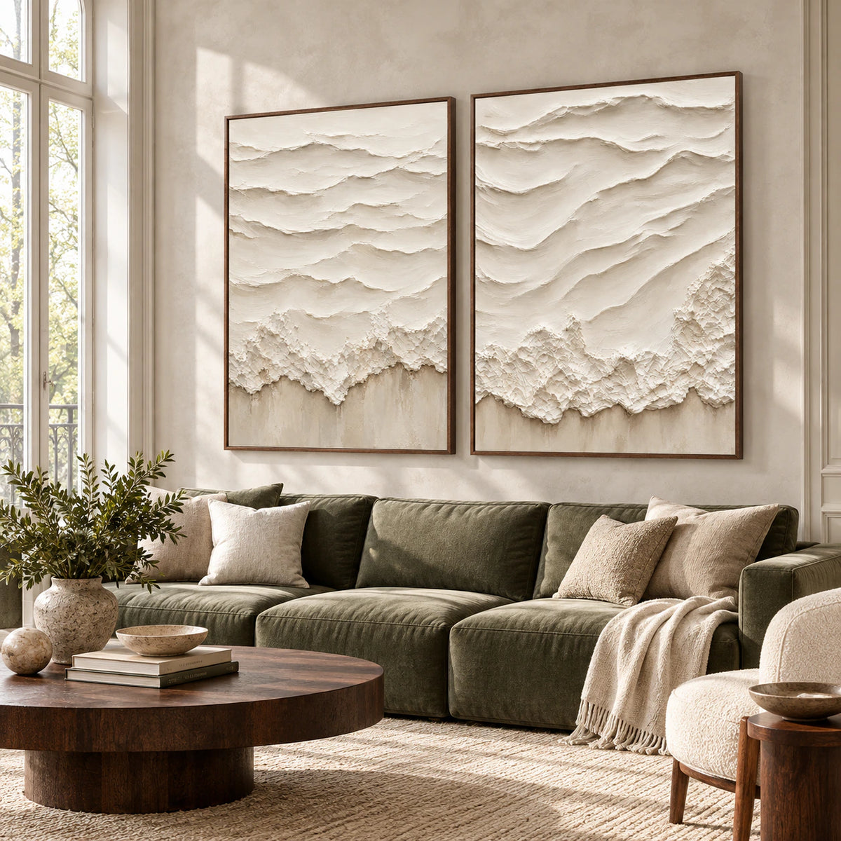 Eroded-Contours ivory diptych displayed above seating in a bright living room.