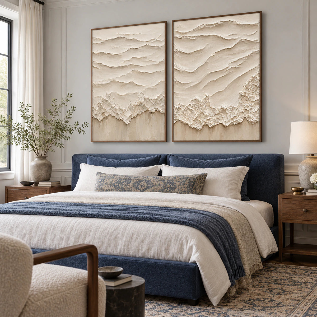 Eroded-Contours textured ivory diptych above a bed in a quiet bedroom.