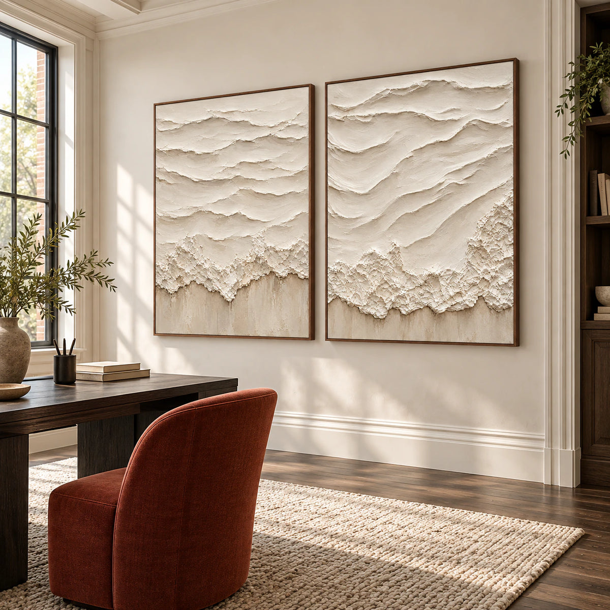 Eroded-Contours diptych in an airy home office reading space.