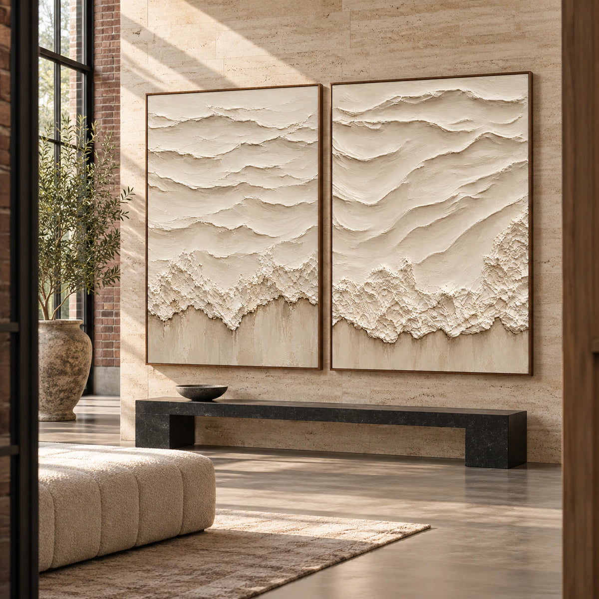 Eroded-Contours large-scale paired canvases in a gallery-like foyer.