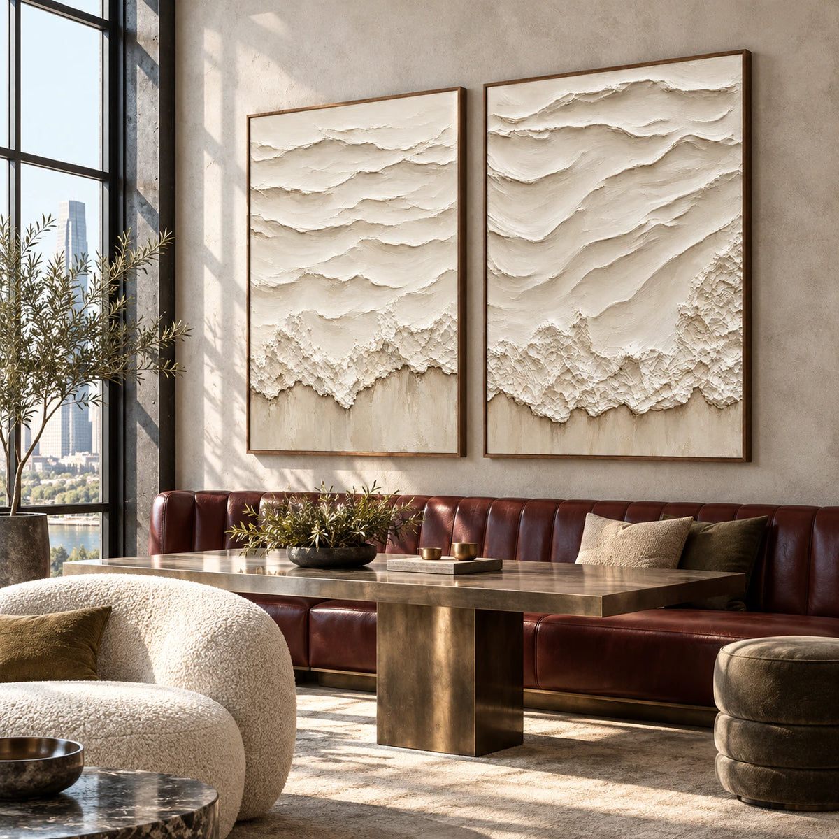 Eroded-Contours ivory relief diptych in an expansive loft hospitality interior.