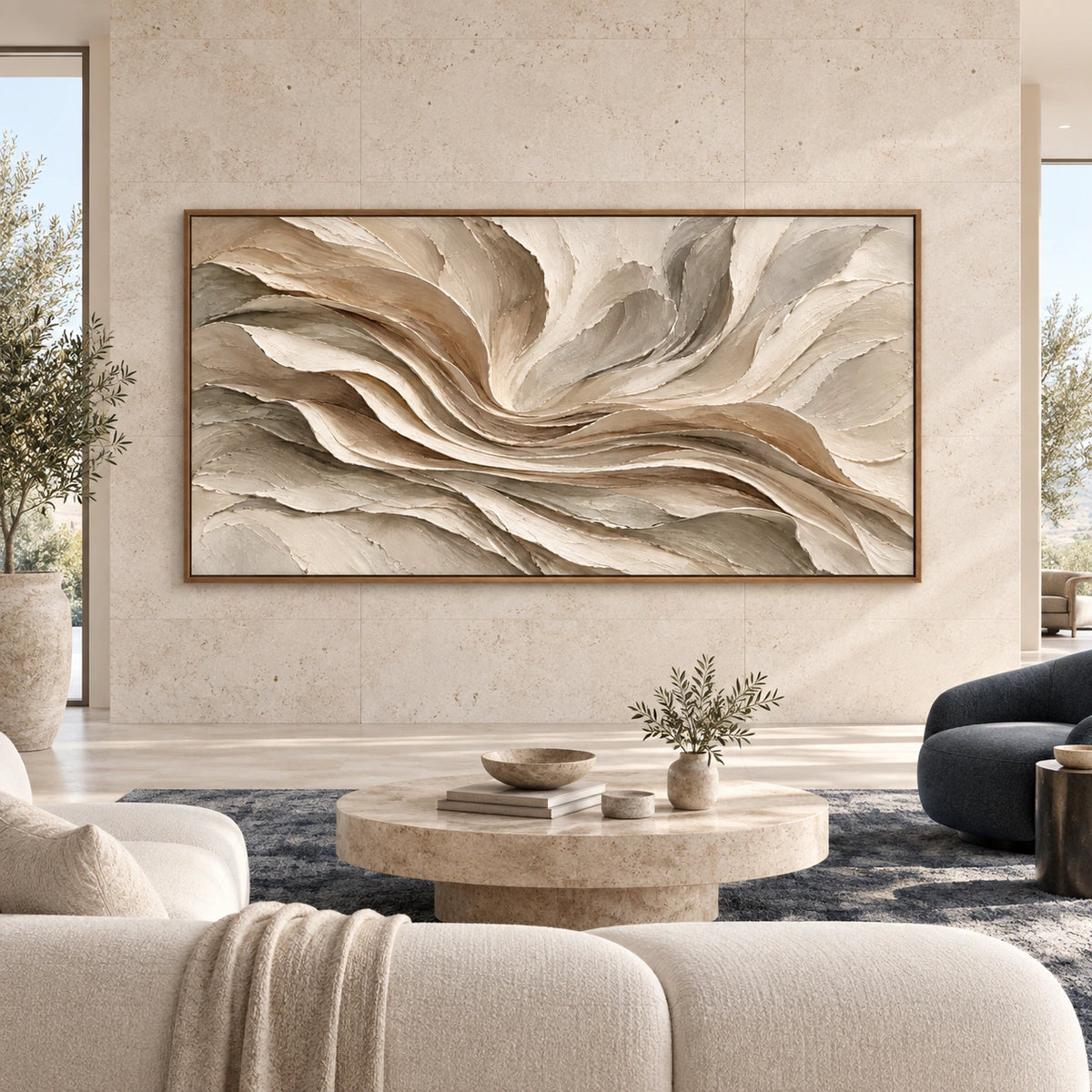 Large horizontal ivory and taupe textured abstract painting displayed straight-on in a spacious contemporary interior.