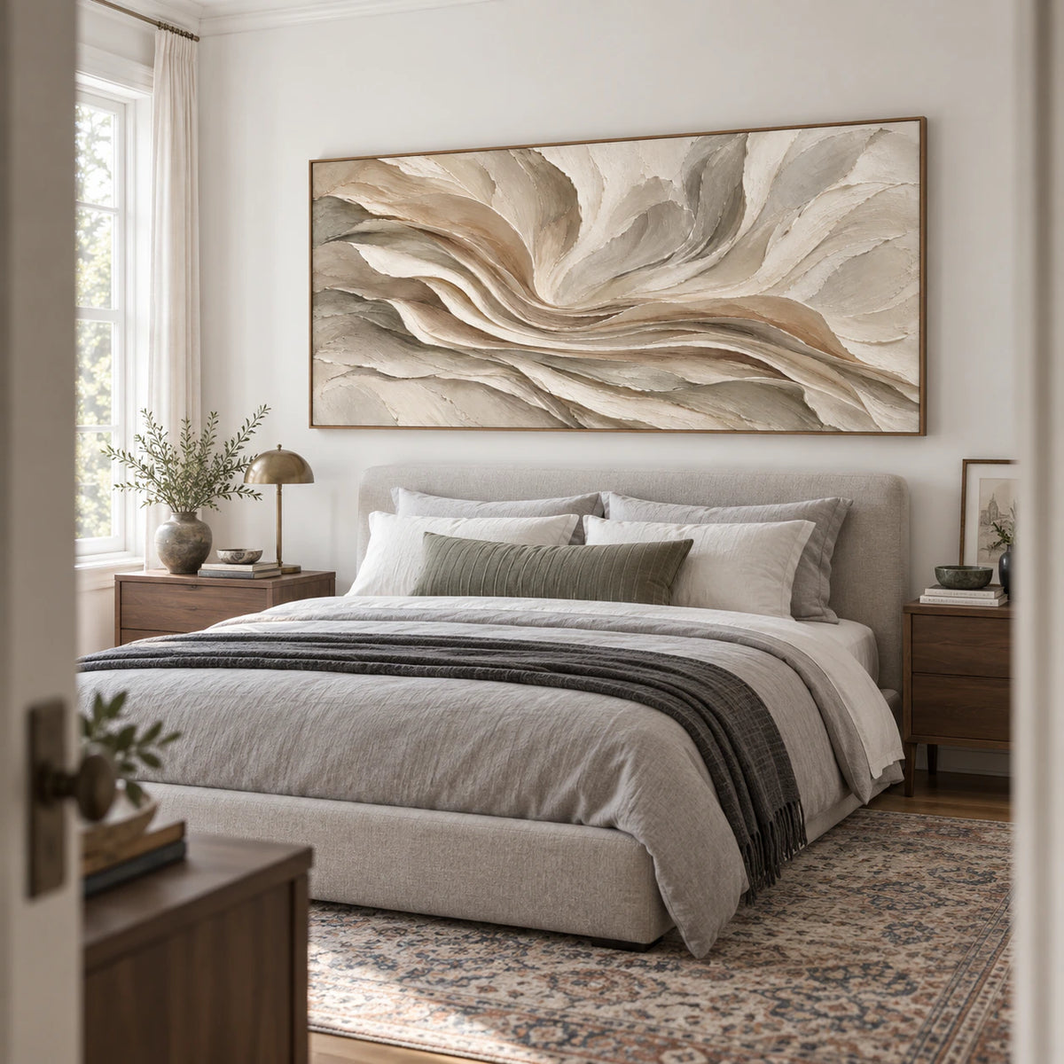 Horizontal textured abstract painting as the focal point of a quiet neutral bedroom.