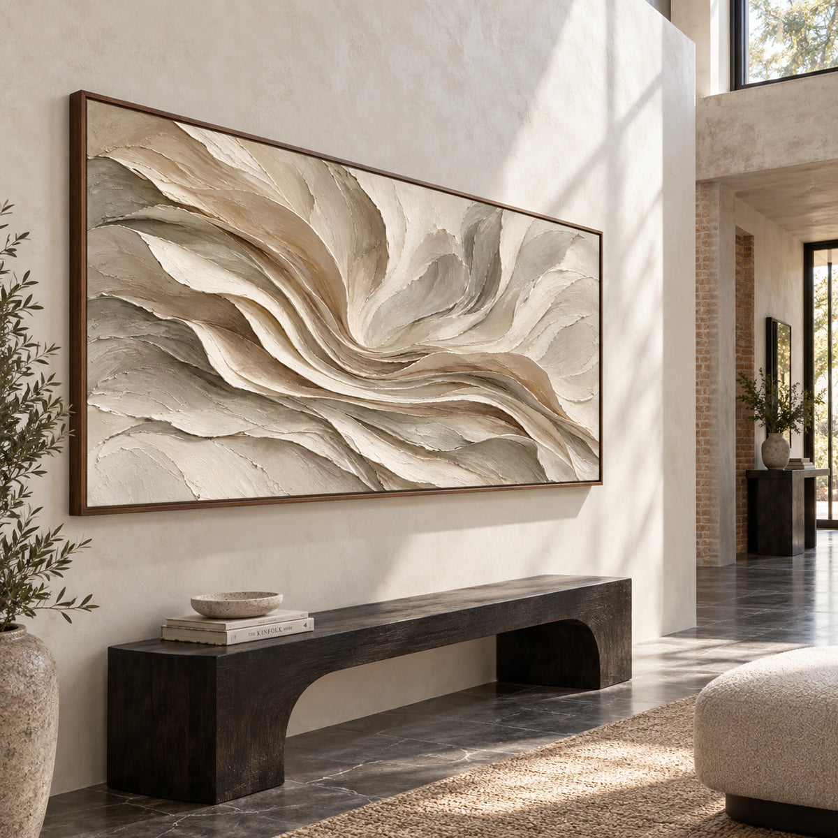 Gallery-scale horizontal textured painting in a bright architectural foyer.