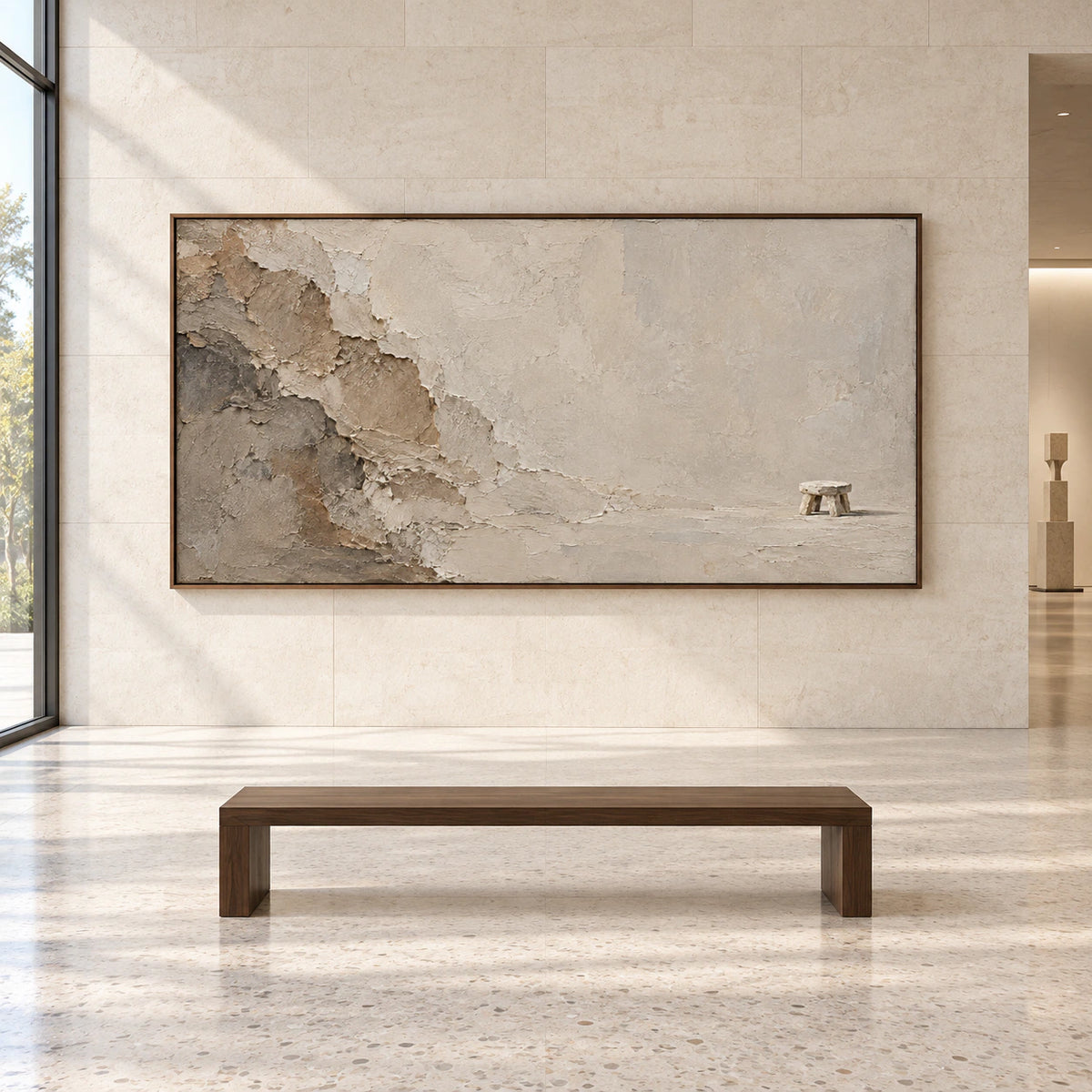 Large Eroded-Perch artwork shown straight-on in a bright architectural gallery room.