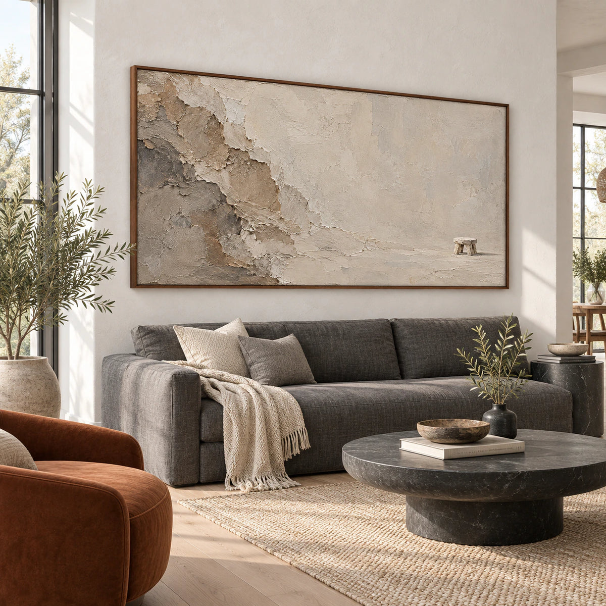 Eroded-Perch displayed above a restrained sofa in a bright living room.