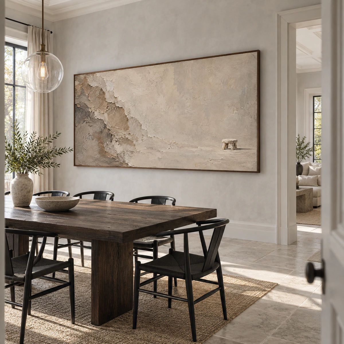 Eroded-Perch as the focal artwork in a refined daylight dining room.