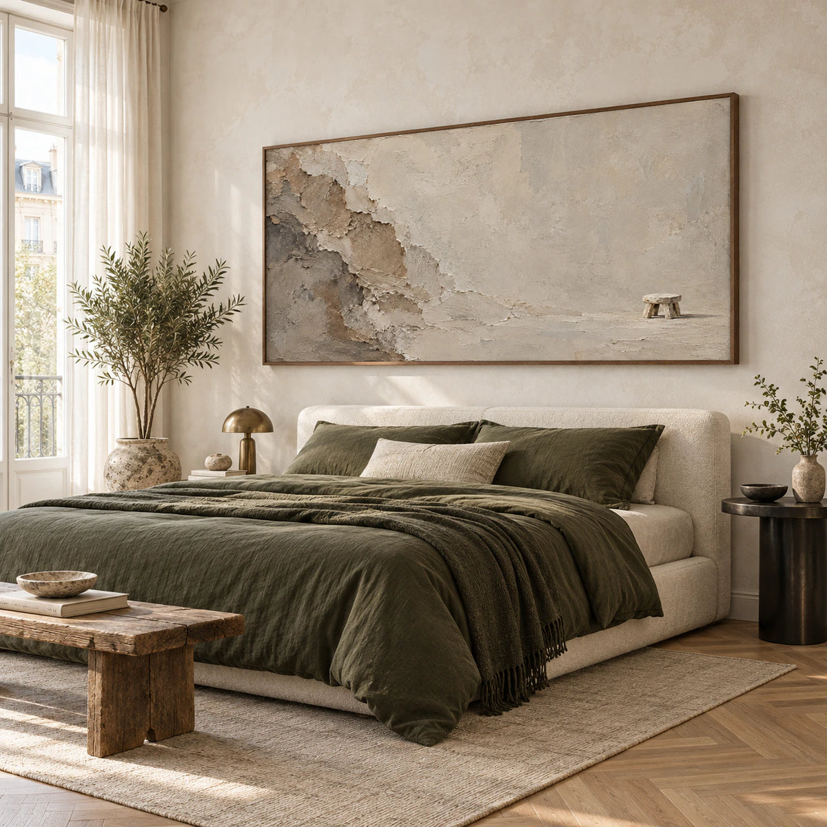 Eroded-Perch above a low upholstered bed in a quiet bedroom.