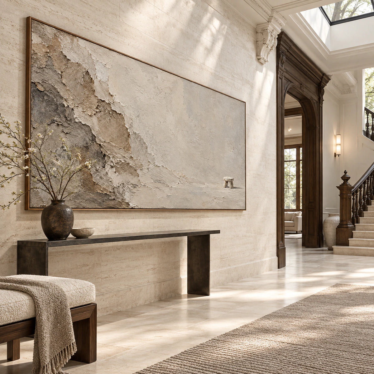 Large Eroded-Perch artwork in a gallery-scale sunlit foyer.