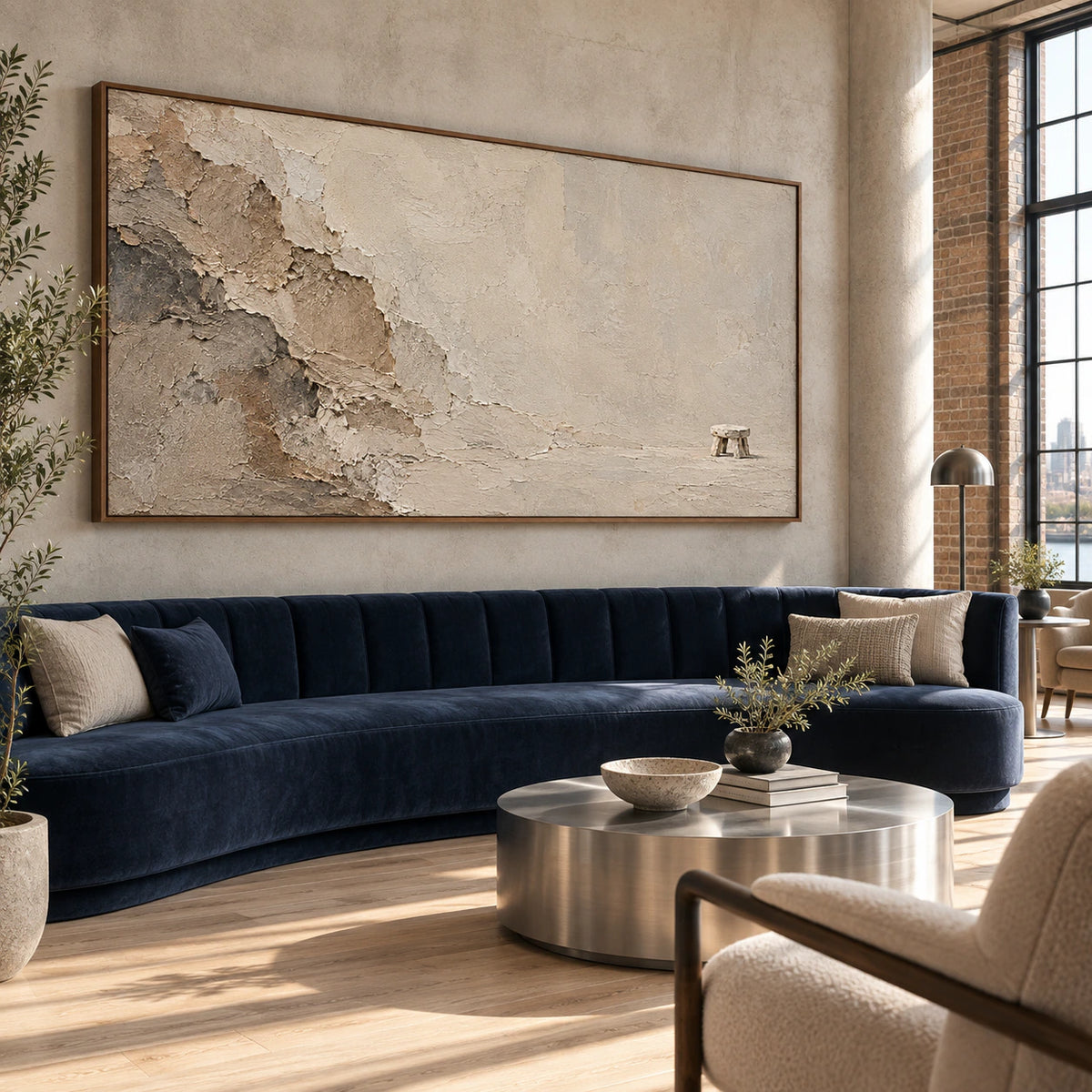 Eroded-Perch displayed at large scale in an open hospitality loft.