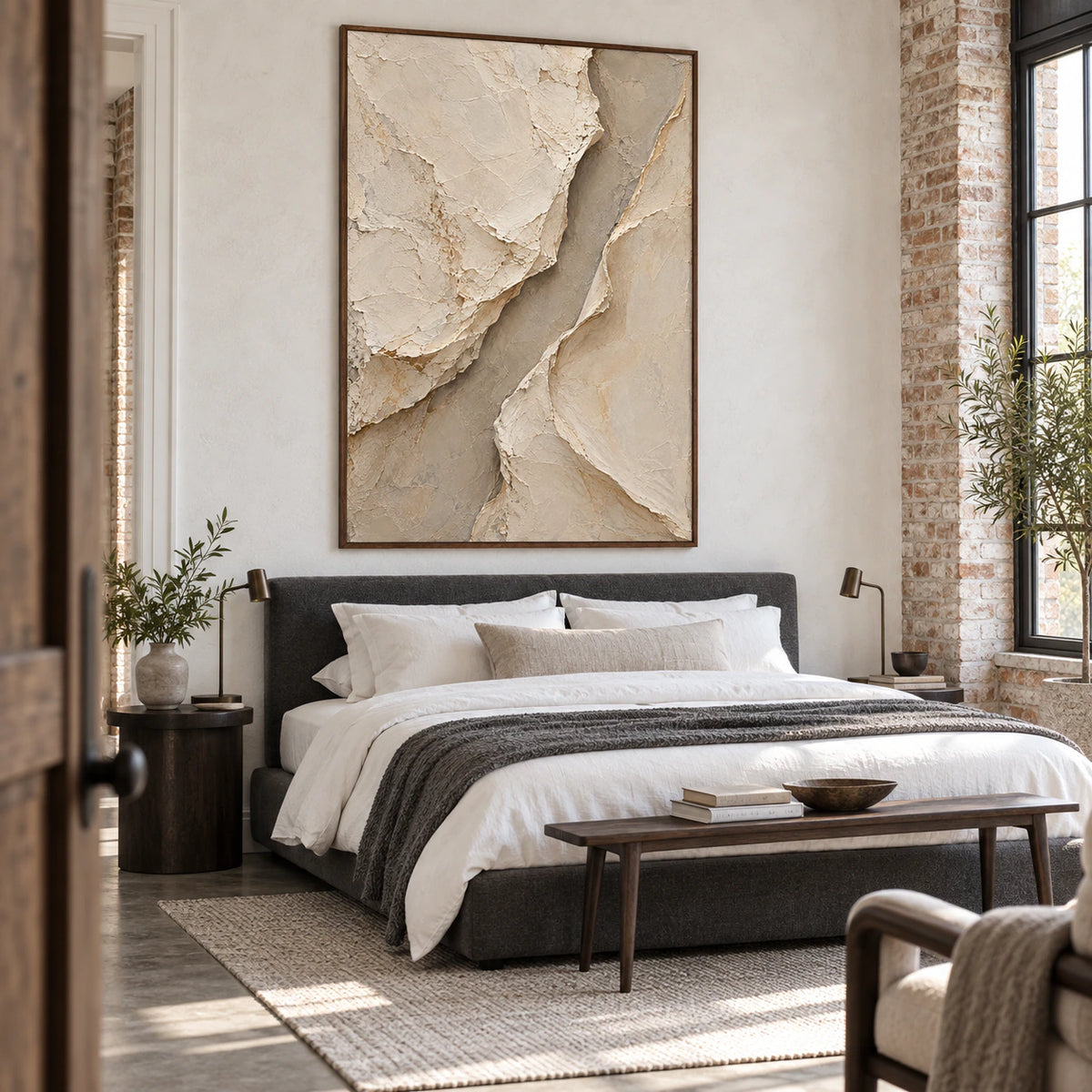 Vertical neutral textured painting as the focal point of a calm, softly lit bedroom.