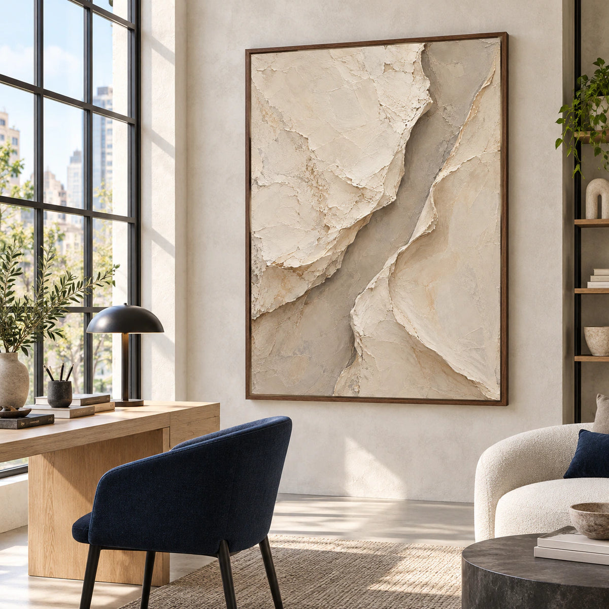 Ivory and taupe relief artwork displayed prominently in an airy home office reading space.