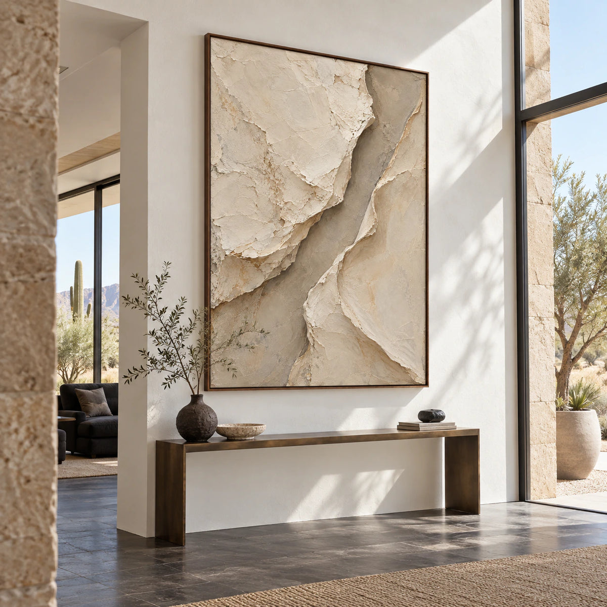 Gallery-scale vertical textured painting in a bright architectural foyer.