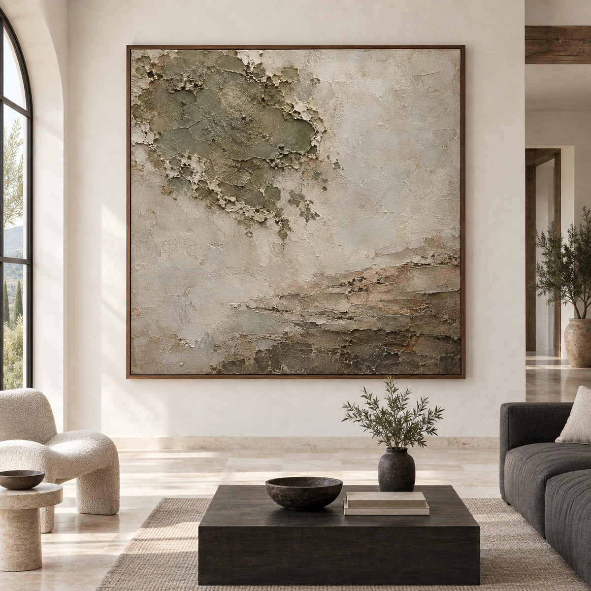 Eroded-Silence displayed large and straight-on in a bright architectural living space.