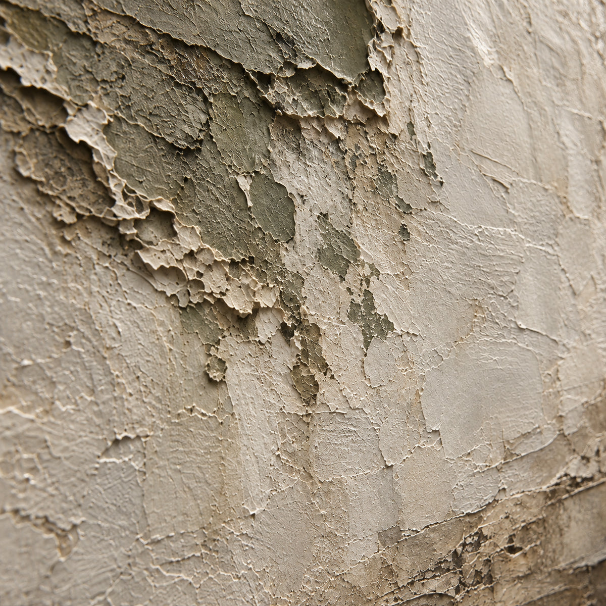 Eroded-Silence oil painting brushwork and impasto detail photographed from an oblique side angle