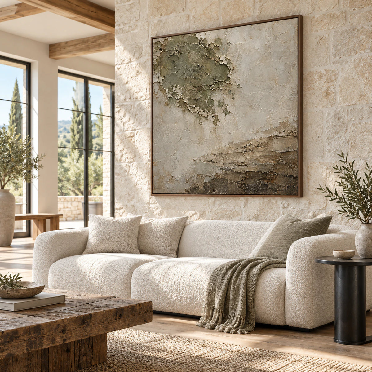 Eroded-Silence as a large focal artwork in a bright contemporary living room.