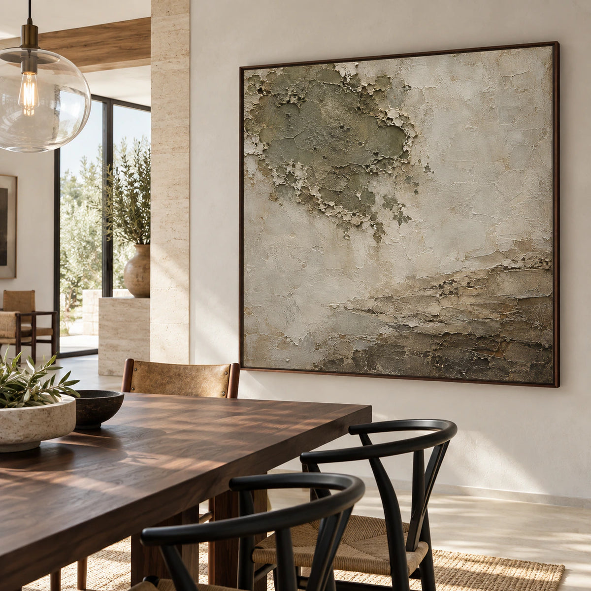 Eroded-Silence displayed above a refined dining setting in natural daylight.