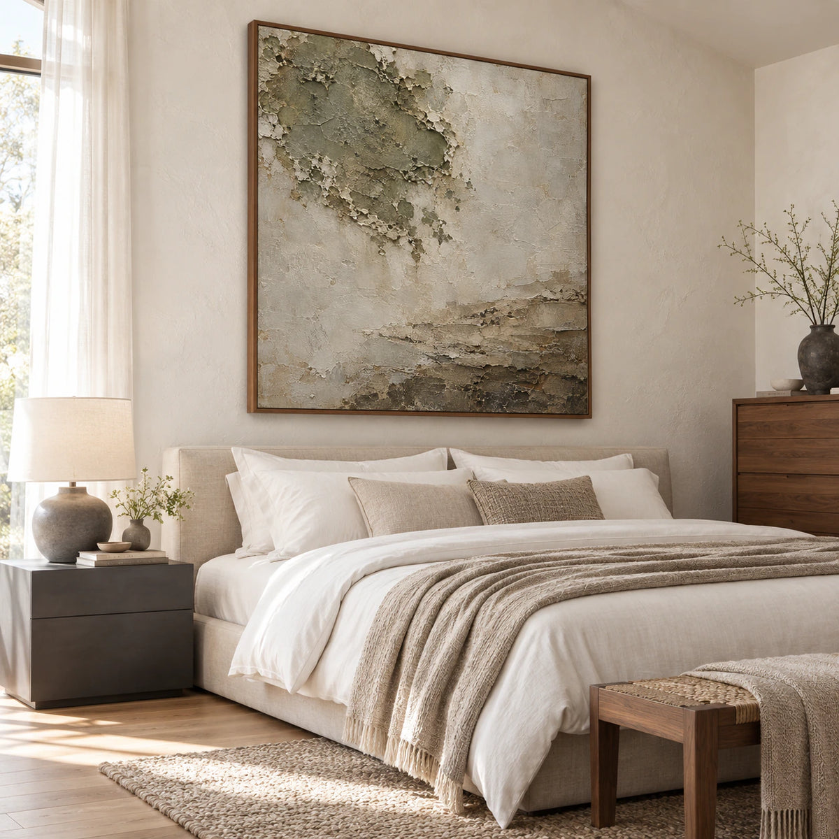 Eroded-Silence as a quiet large-scale focal point in an airy bedroom.