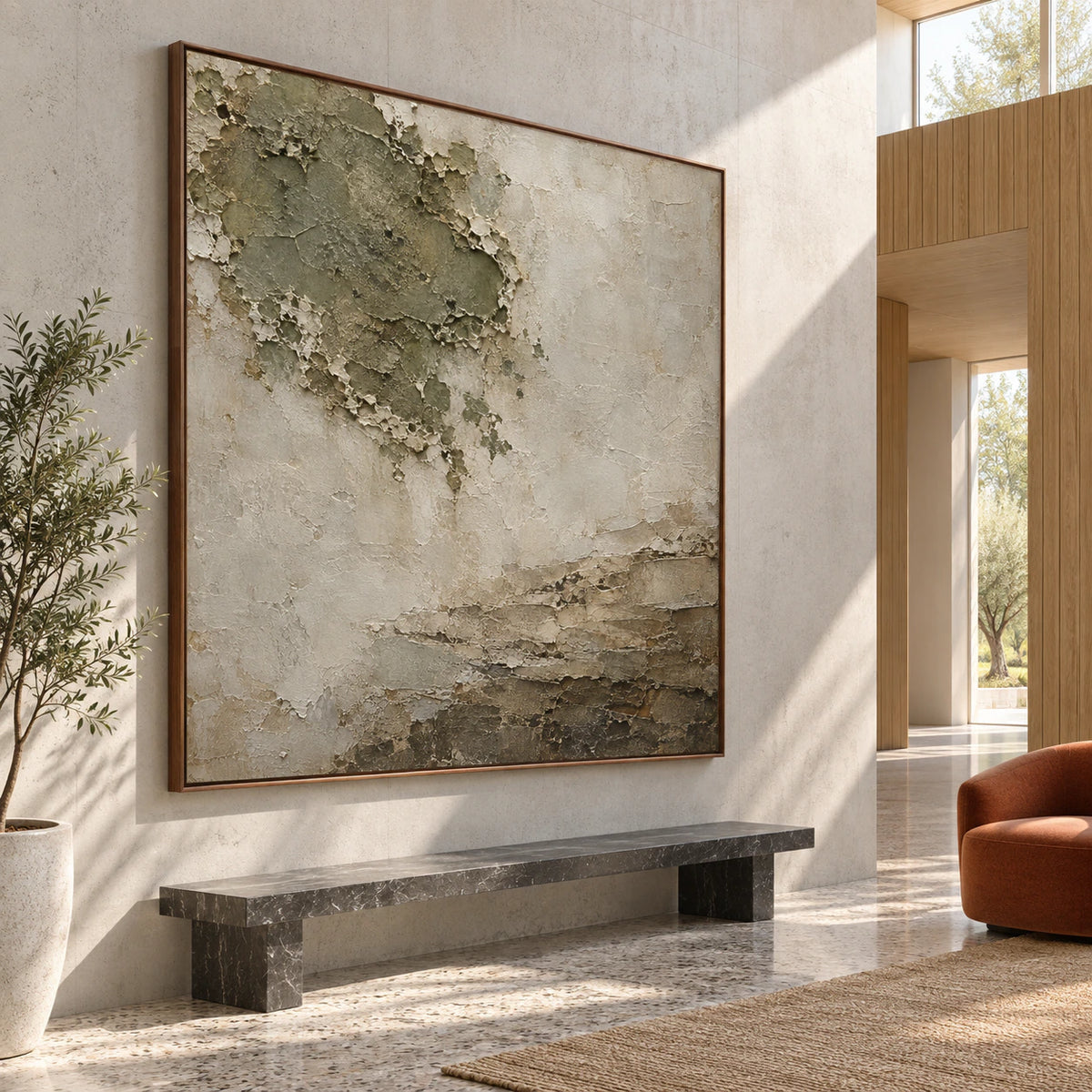 Eroded-Silence installed at gallery scale in a bright sculptural foyer.