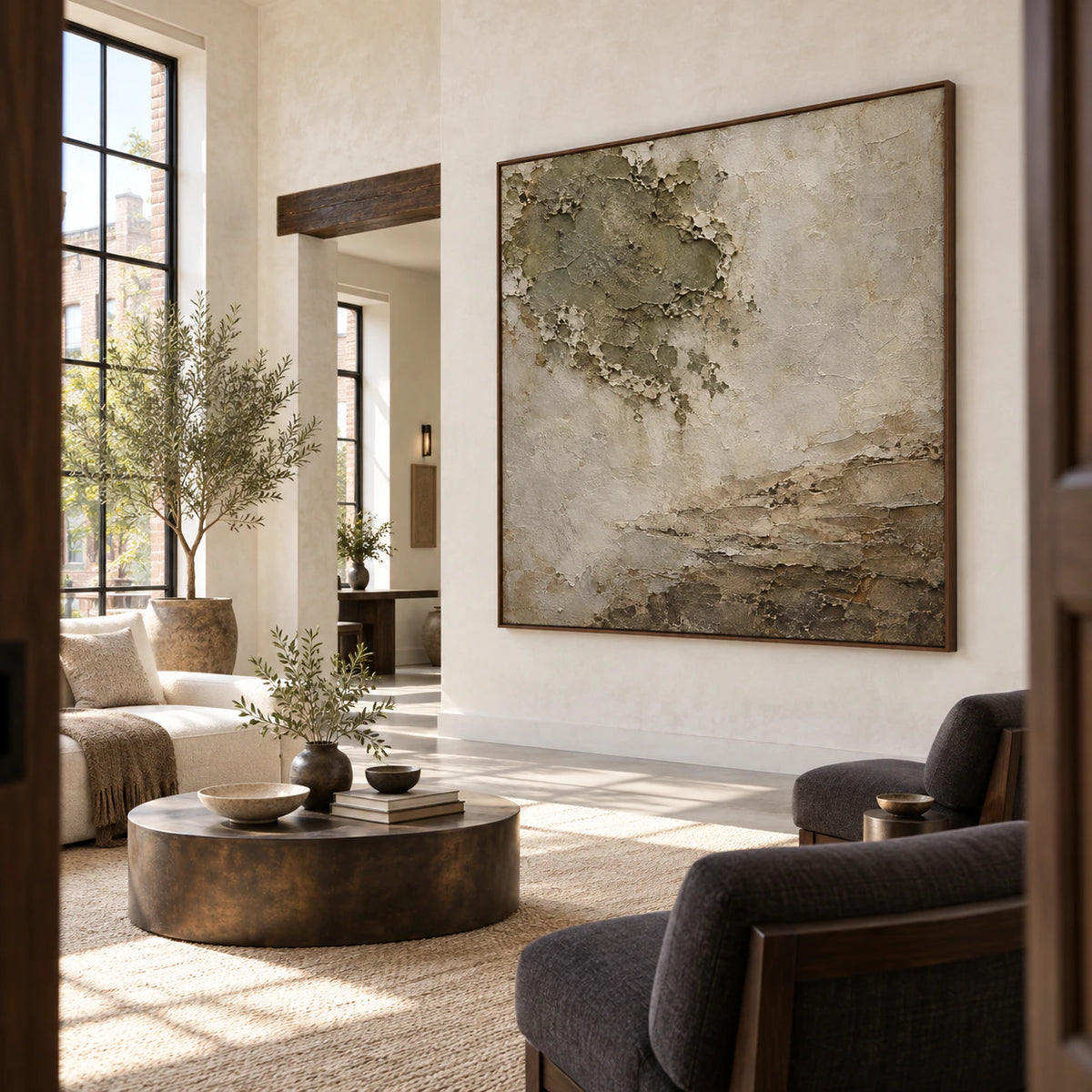 Eroded-Silence as a large focal artwork in an expansive hospitality loft.