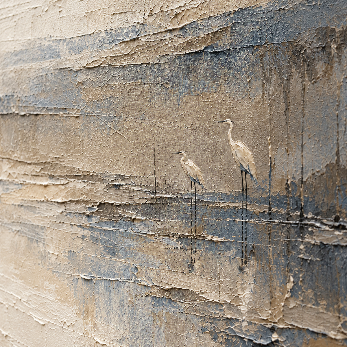 Close detail of Estuary-Watch viewed from an oblique side angle, with grazing light revealing raised paint ridges and chalk white, taupe and slate blue transitions.