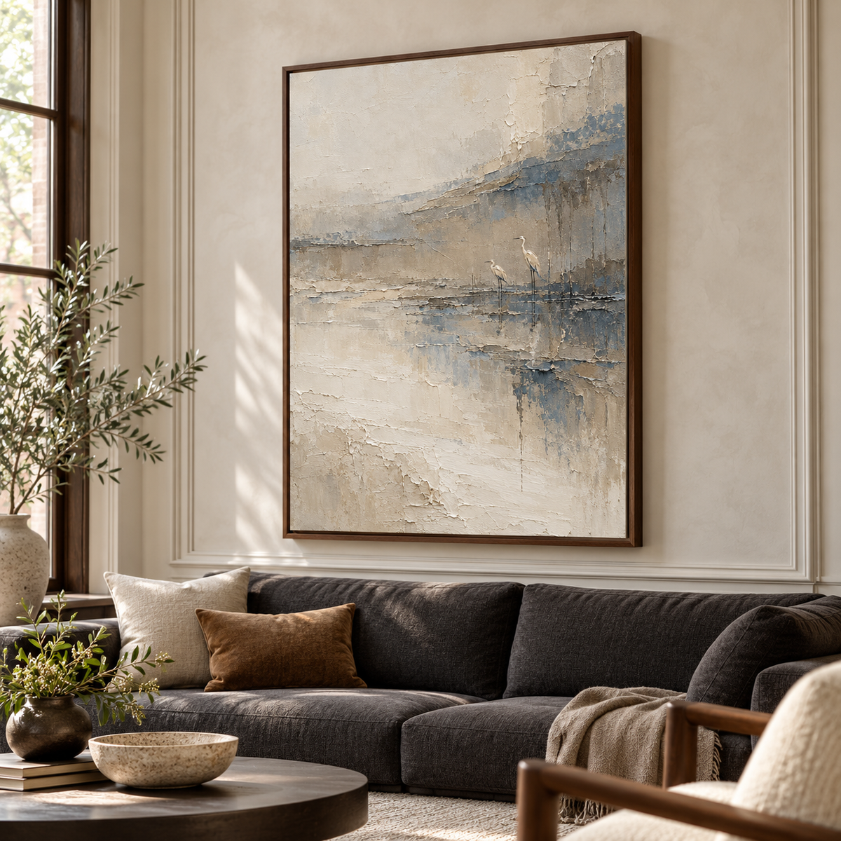 Estuary-Watch above a low charcoal sofa on a pale limewashed living room wall, viewed slightly from the left in natural daylight.