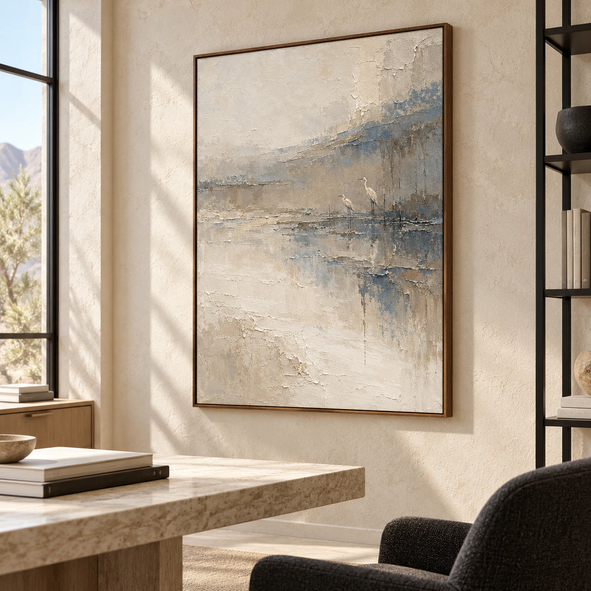Estuary-Watch near a pale desk and slender black metal shelving in a bright home office and reading space, viewed from the right at eye level.