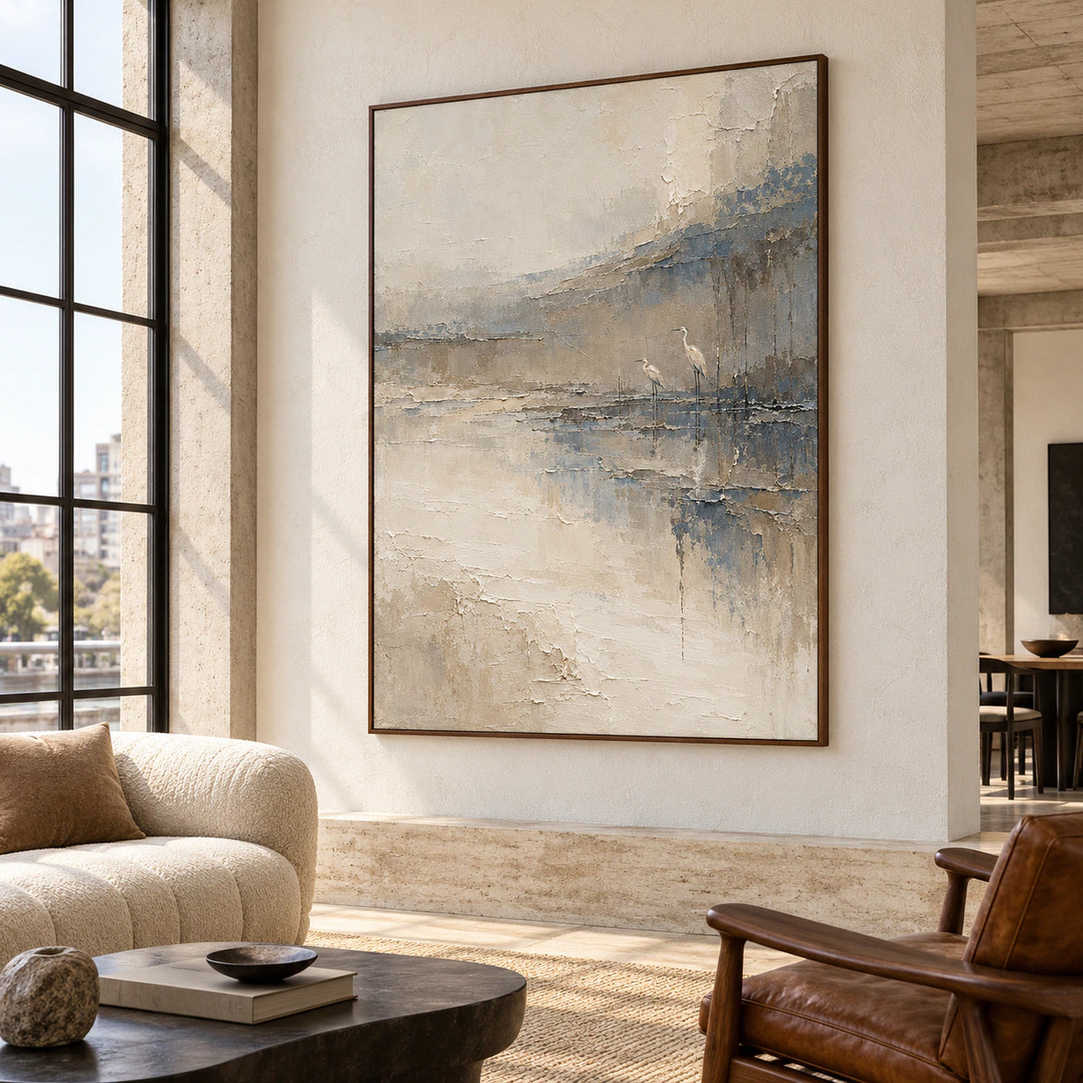 Estuary-Watch on a tall neutral wall in a bright loft with steel-framed windows, concrete surfaces and spare dark furnishings, viewed from the right.