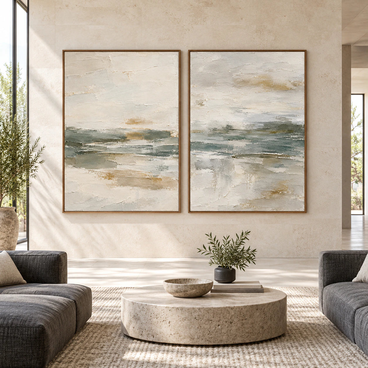 Large straight-on gallery view of the Estuary-Whisper vertical diptych in slim walnut frames.