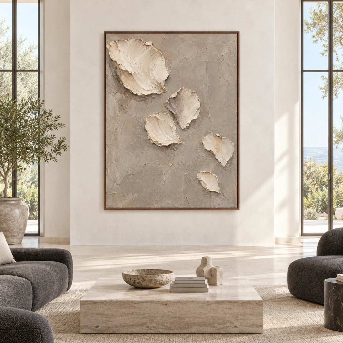 Fallen-Petals displayed at large scale, straight-on in a bright architectural living space.
