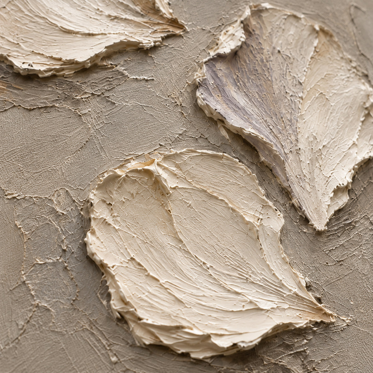 Fallen-Petals oil painting brushwork and impasto detail photographed from an oblique side angle