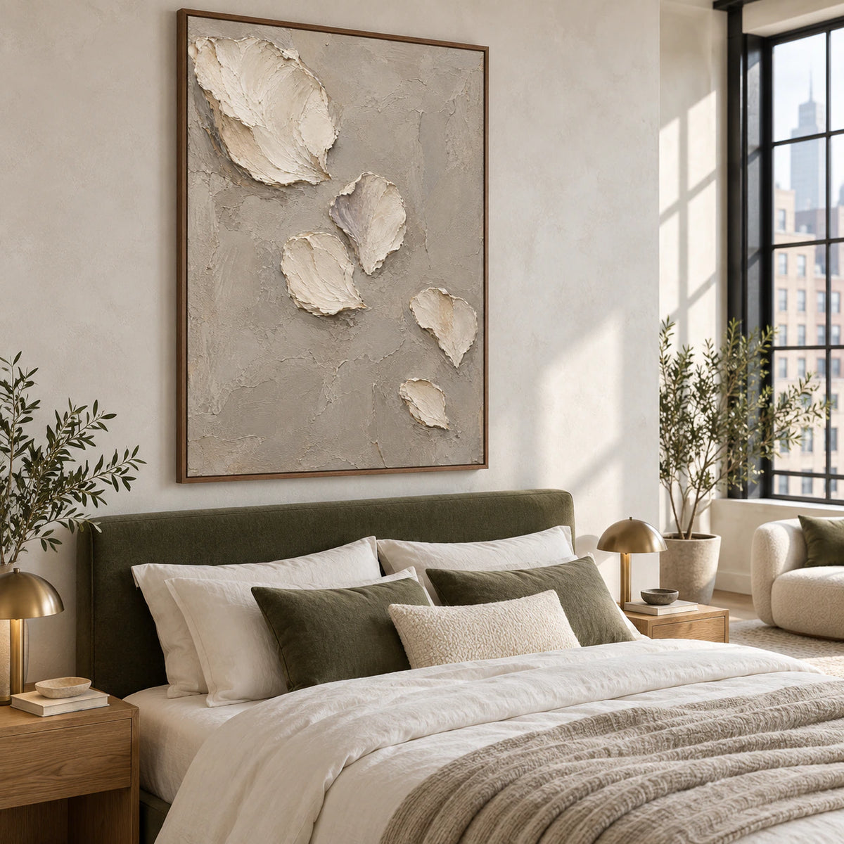 Fallen-Petals above a low bed in a quiet, softly lit bedroom.