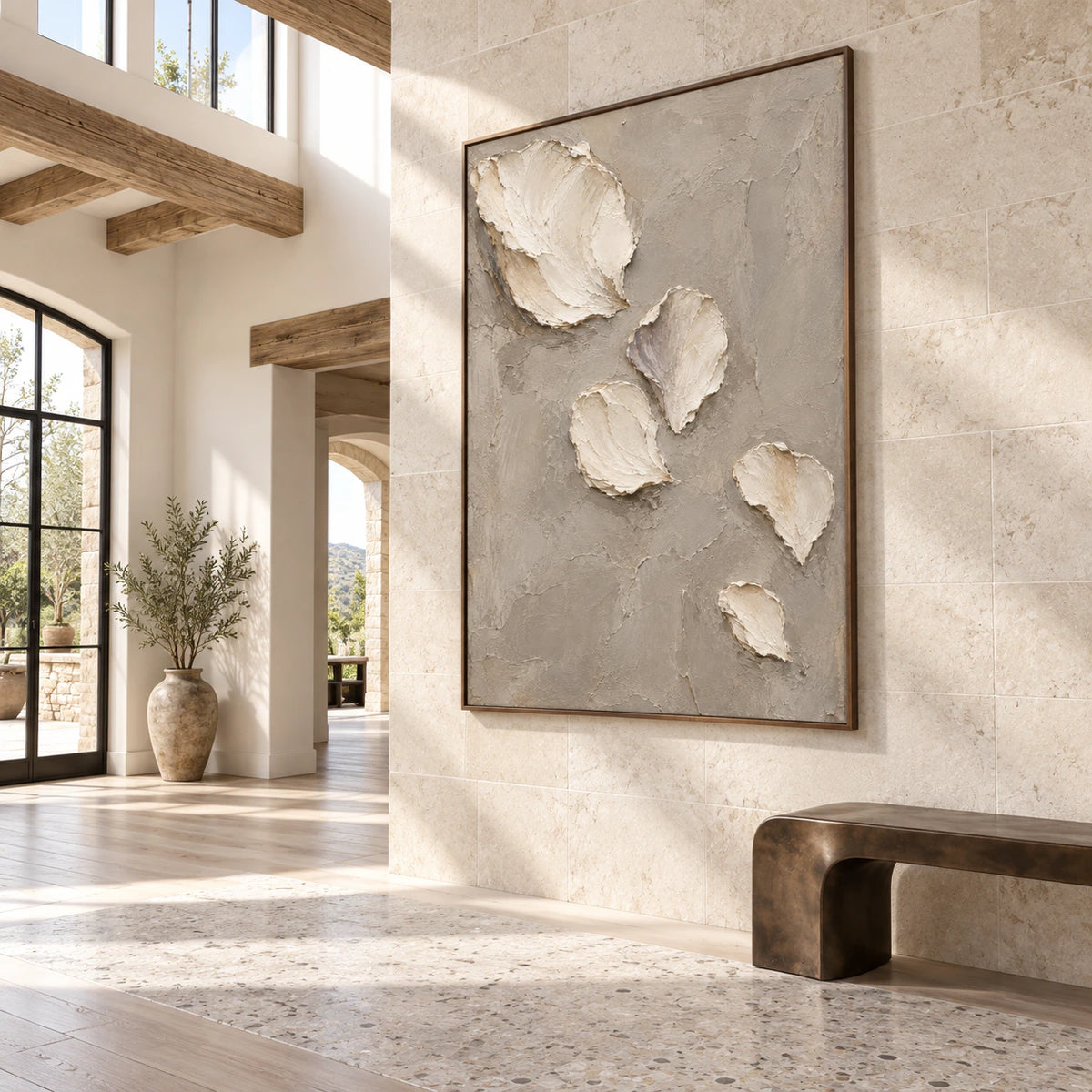 Fallen-Petals presented at gallery scale in a bright stone foyer.