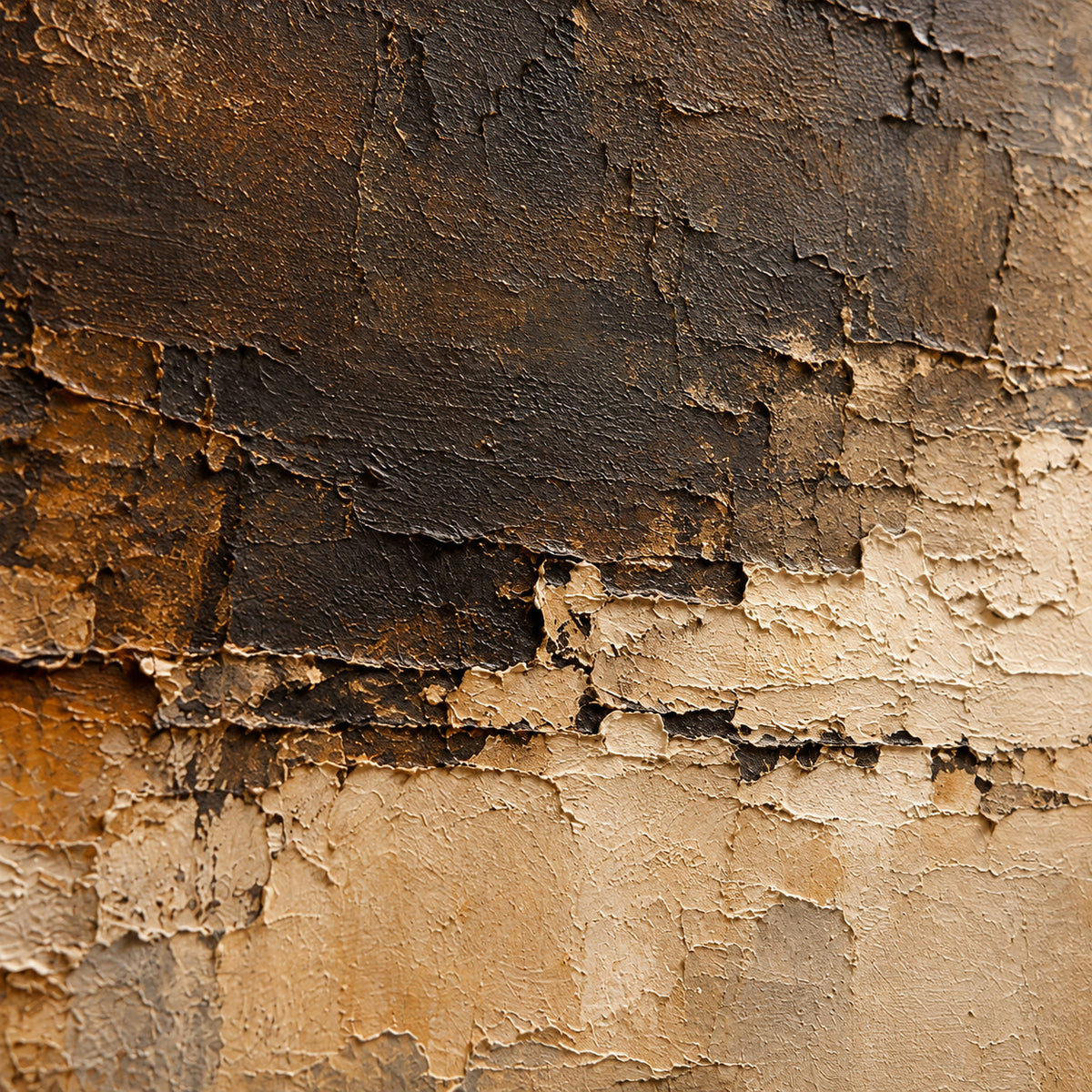 Oblique close-up of Fallow-Mantle showing umber and cream paint, raised ridges and fine surface texture under grazing directional light.