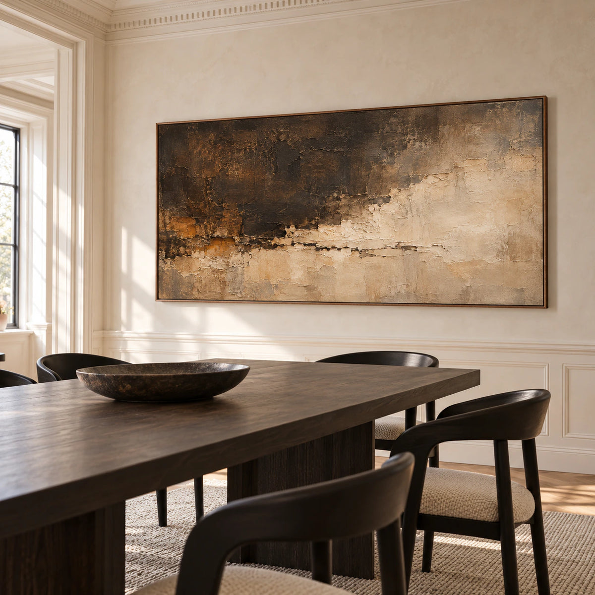 Fallow-Mantle in a daylit dining room with a long dark table, sculptural black chairs and pale limestone walls, viewed from the right.