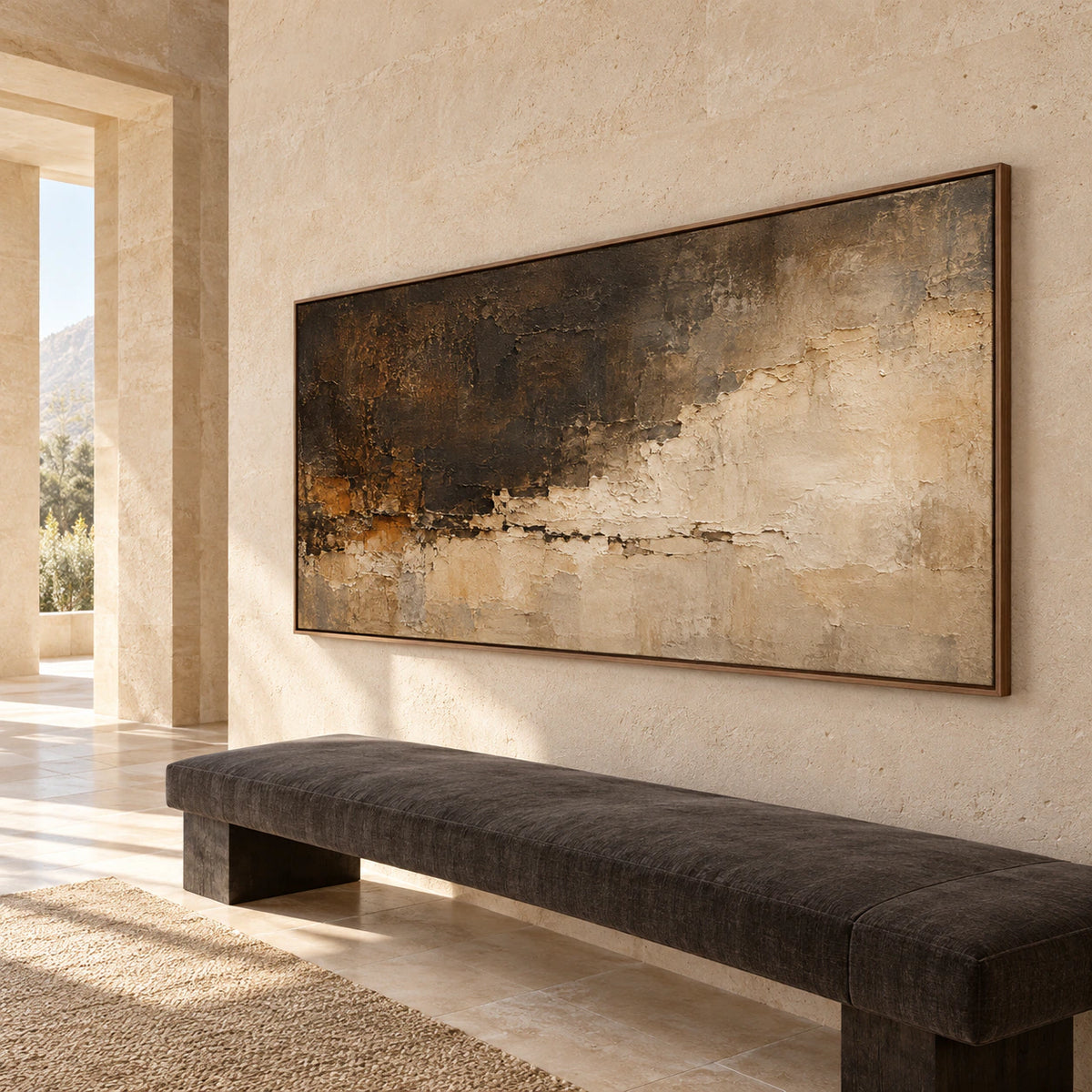 Fallow-Mantle displayed large in a bright foyer with tall pale stone walls, a broad doorway and dark bench, viewed from the left at a slightly low angle.
