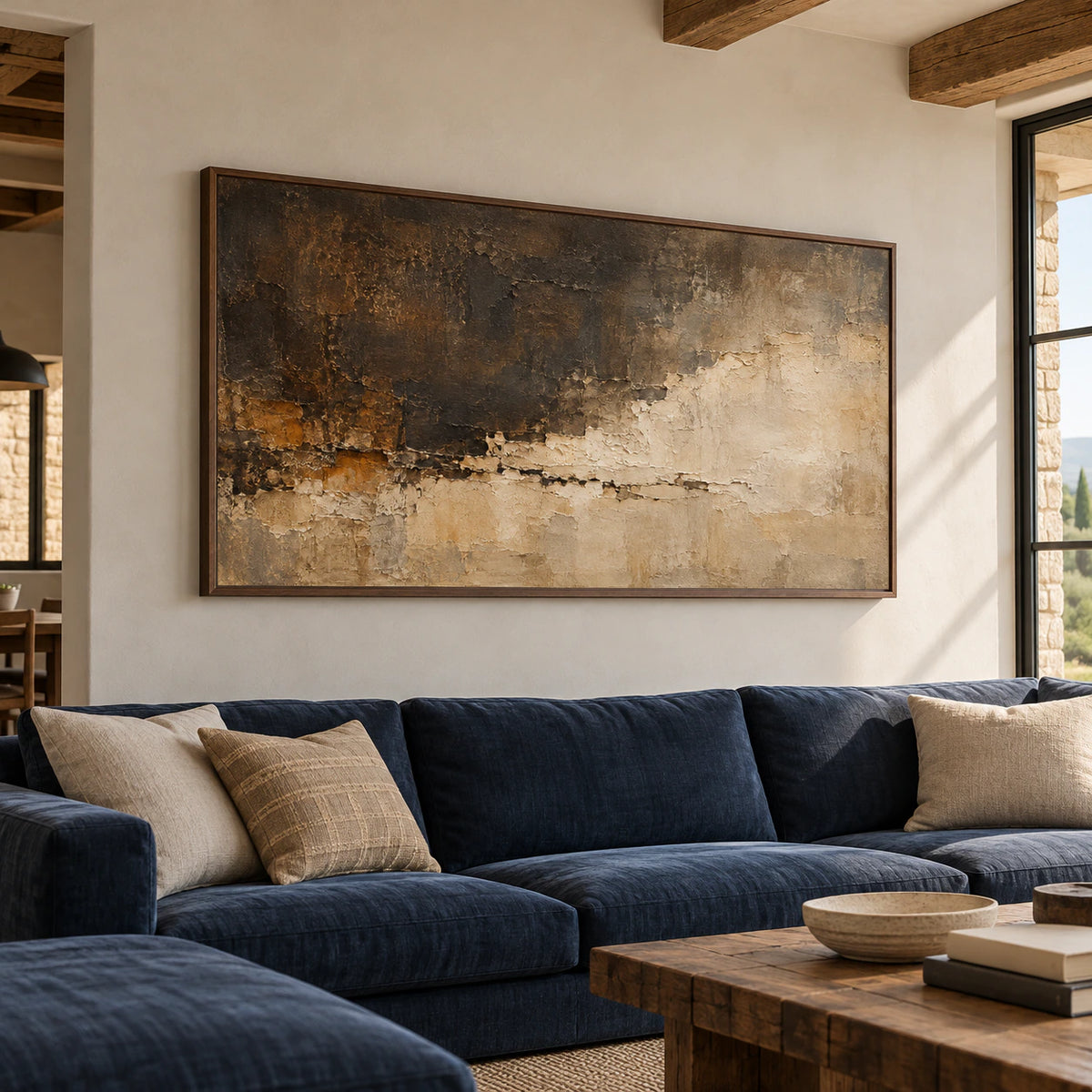 Fallow-Mantle displayed prominently in a daylit living room with exposed timber ceiling beams.
