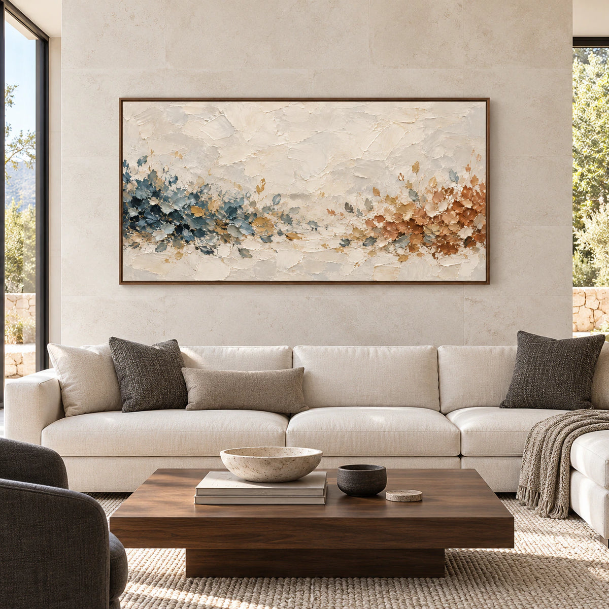 Large Fallow Passage artwork centered straight-on in a spacious, bright architectural living room.