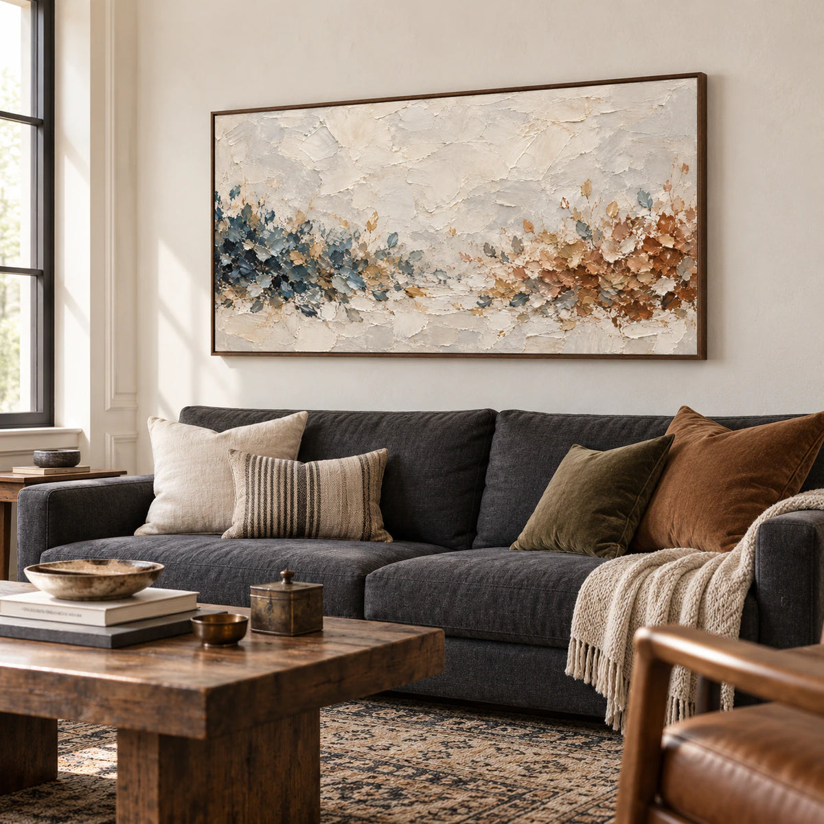 Fallow Passage displayed prominently above a charcoal sofa in a bright living room.