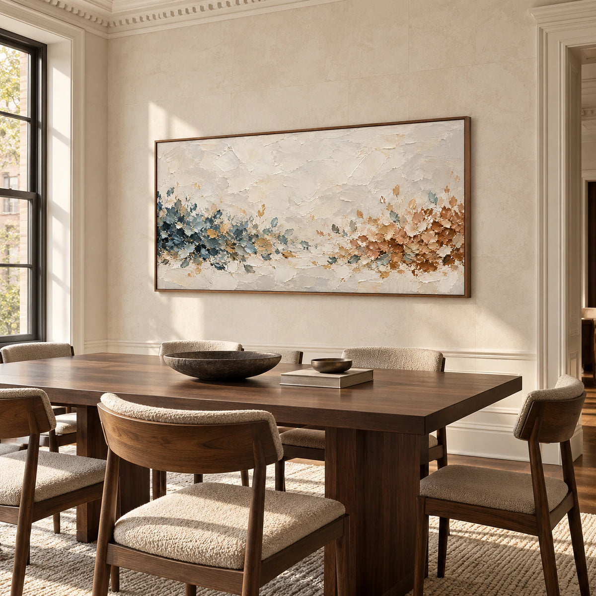 Fallow Passage displayed above a dark wood dining table in a refined, sunlit dining room.