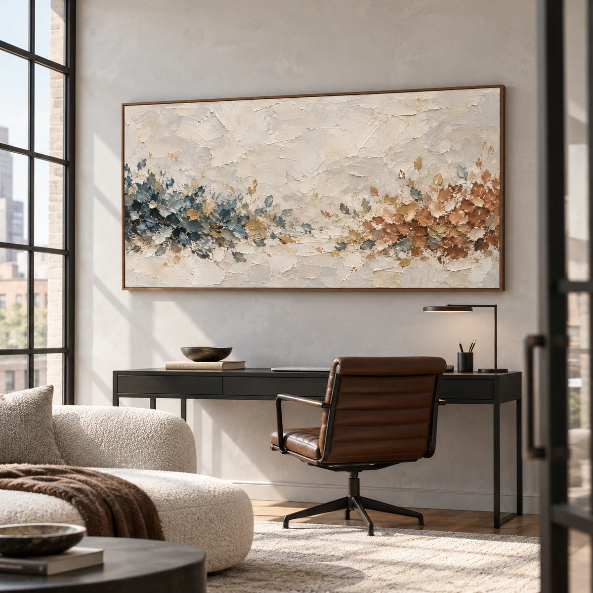 Fallow Passage displayed above a slim desk in an airy home office with tall windows.