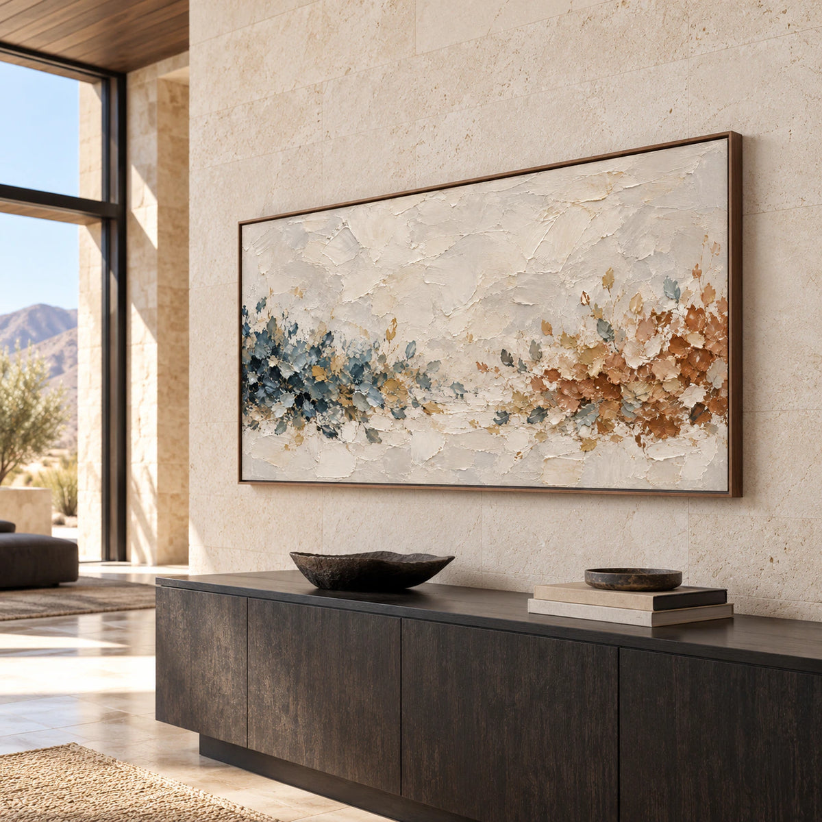 Fallow Passage commanding a pale stone wall in a bright gallery-scale foyer.
