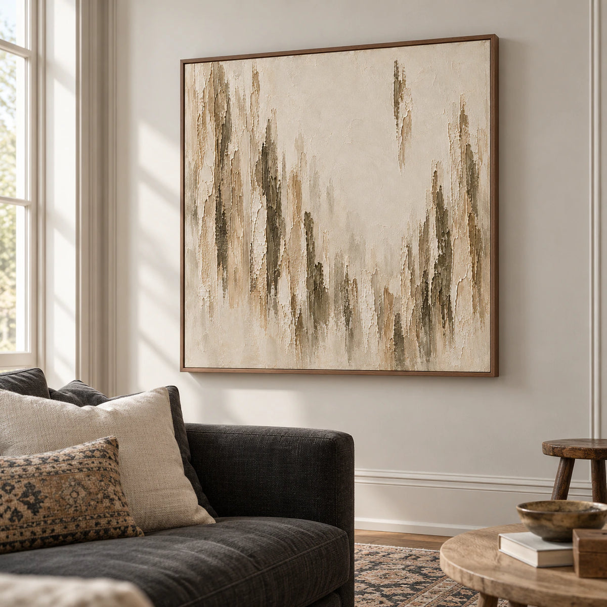 Large square artwork with broken ivory and muted brown ridges above a restrained charcoal sofa in a bright living room.