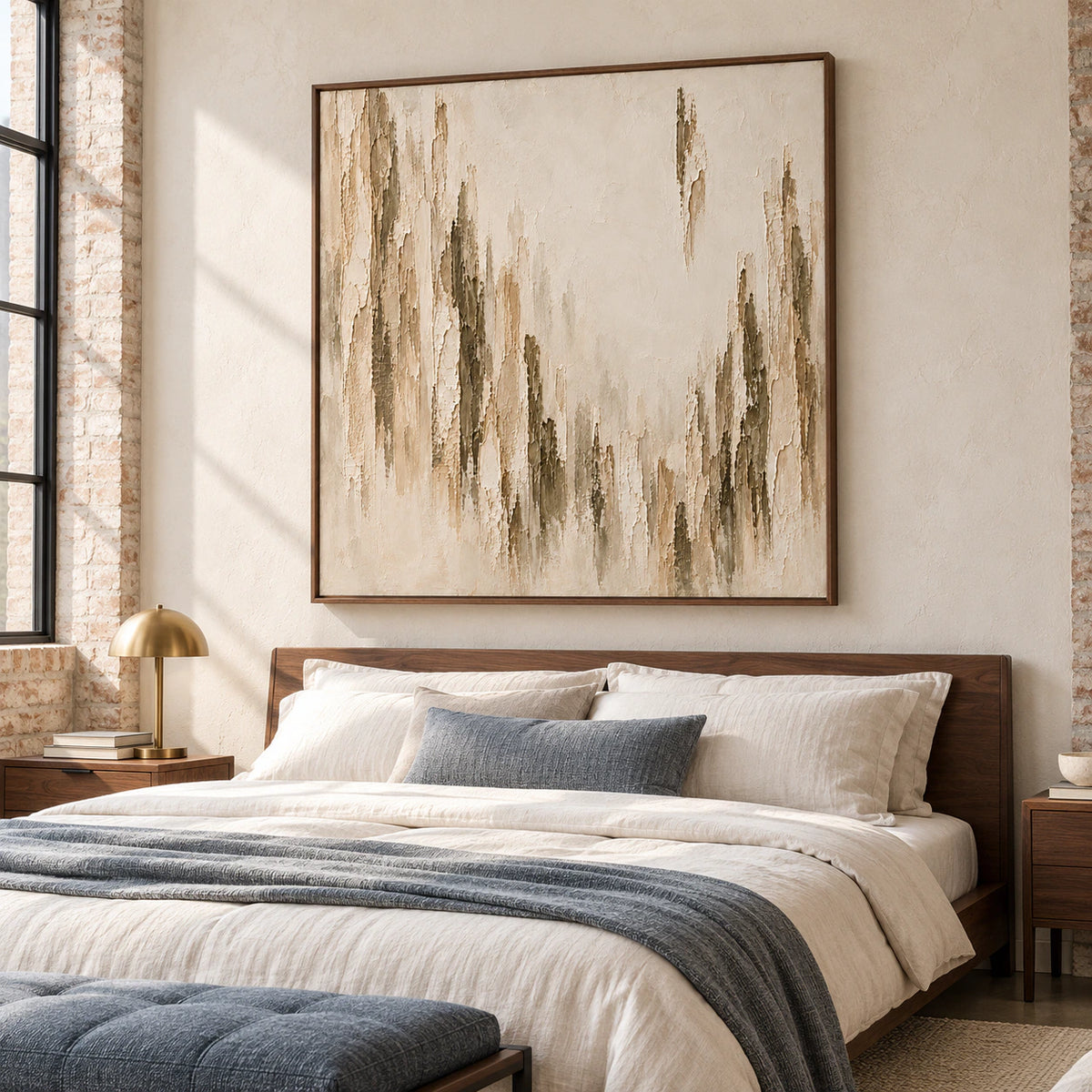 Square abstract artwork above a low walnut bed in a quiet, sunlit bedroom with soft white linens.