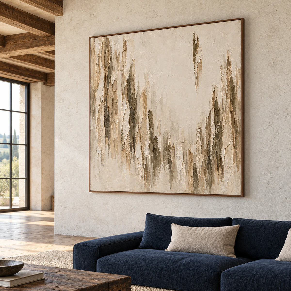 Large square textured artwork in an expansive loft interior with concrete architecture, restrained furnishings, and broad daylight.