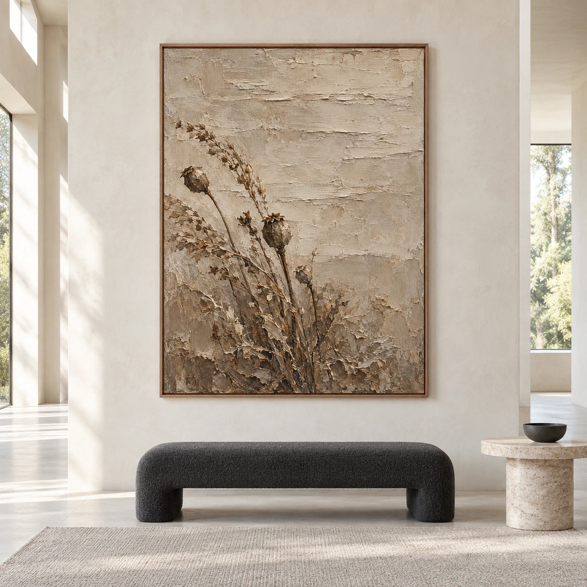 Large vertical dried poppy artwork displayed straight-on in a spacious daylight-filled architectural interior.