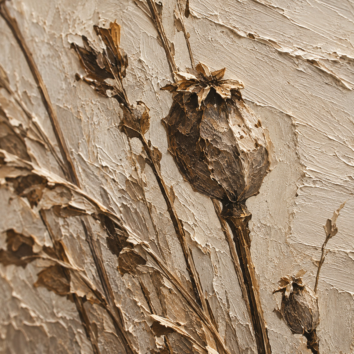 Fallow-Poppies oil painting brushwork and impasto detail photographed from an oblique side angle