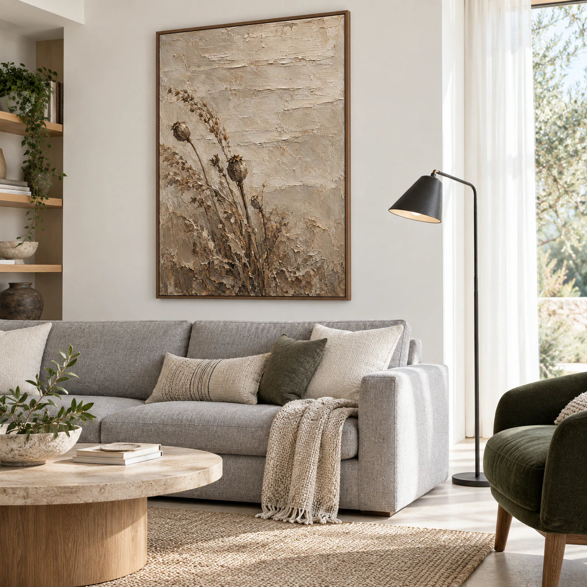 Vertical textured poppy artwork above a restrained sofa in a bright living room.