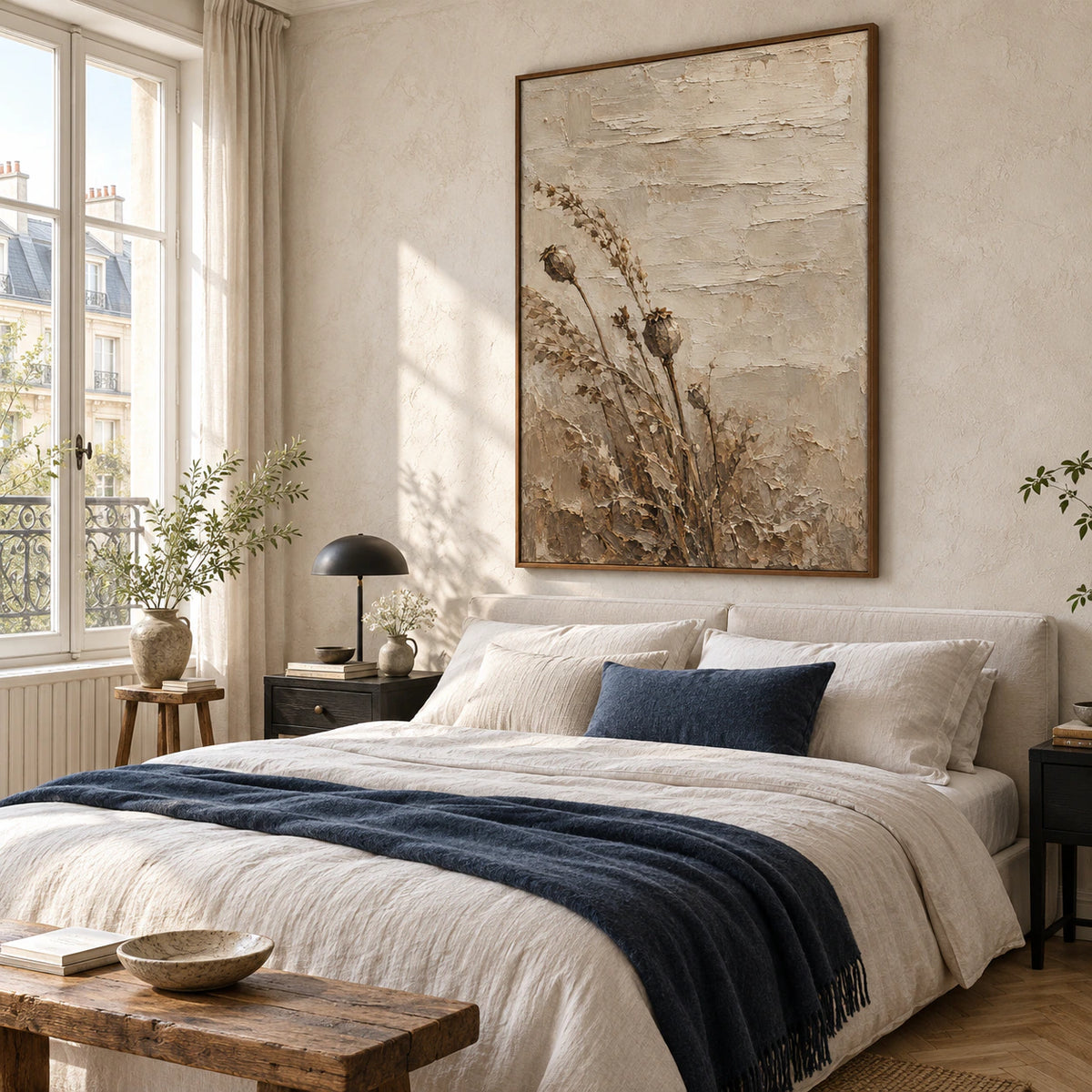 Textured beige and umber poppy artwork above a calm bed in a quiet bedroom.