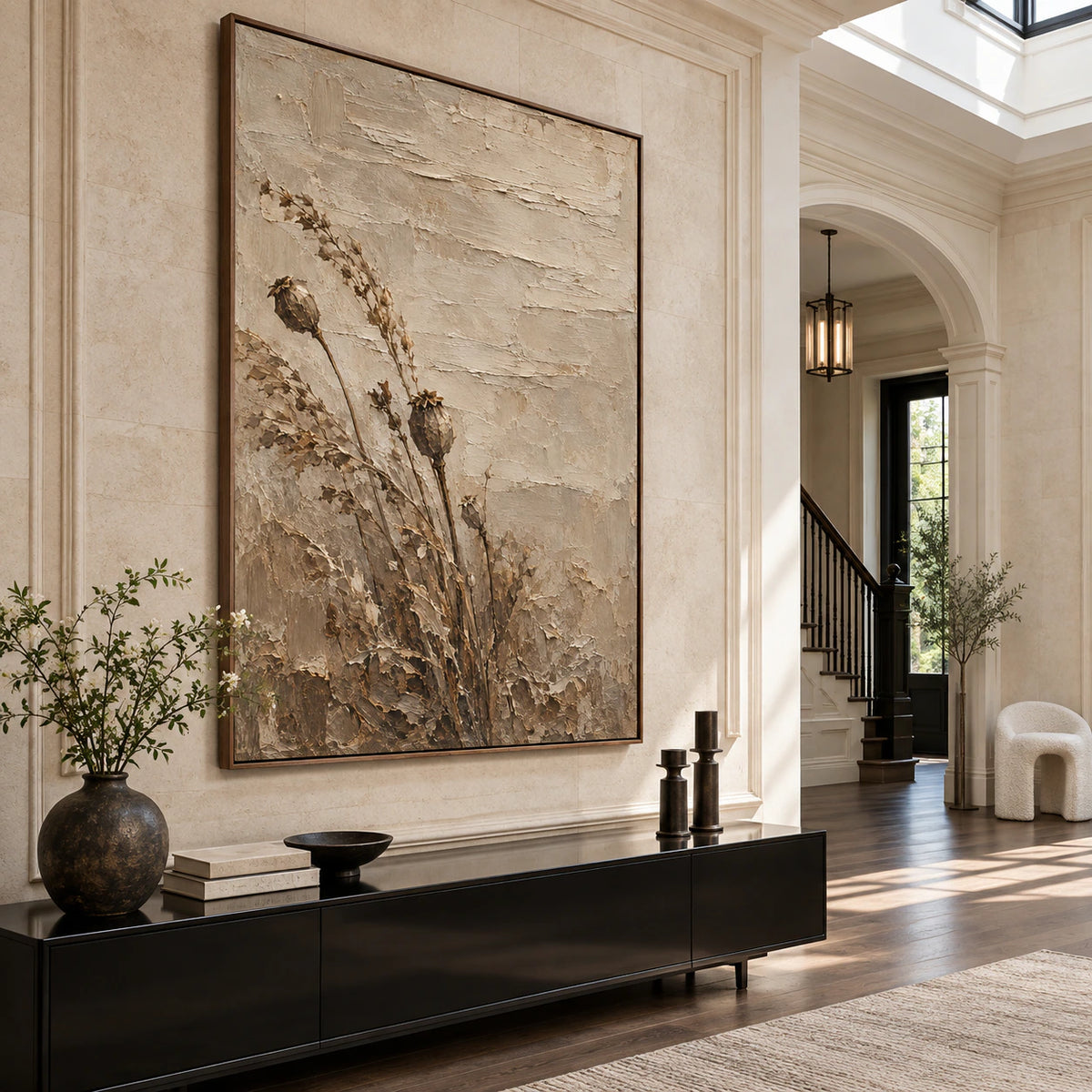 Large textured poppy artwork as the focal point of a gallery-scale foyer.
